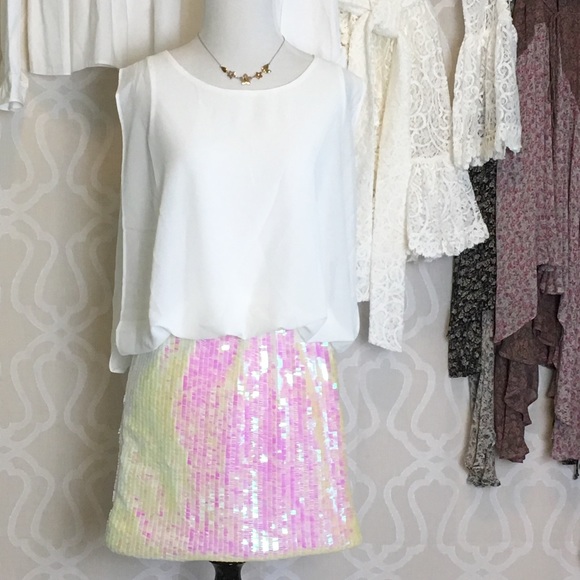 White/Ivory with Pink & Yellow Sequins Mini Dress - Picture 3 of 5